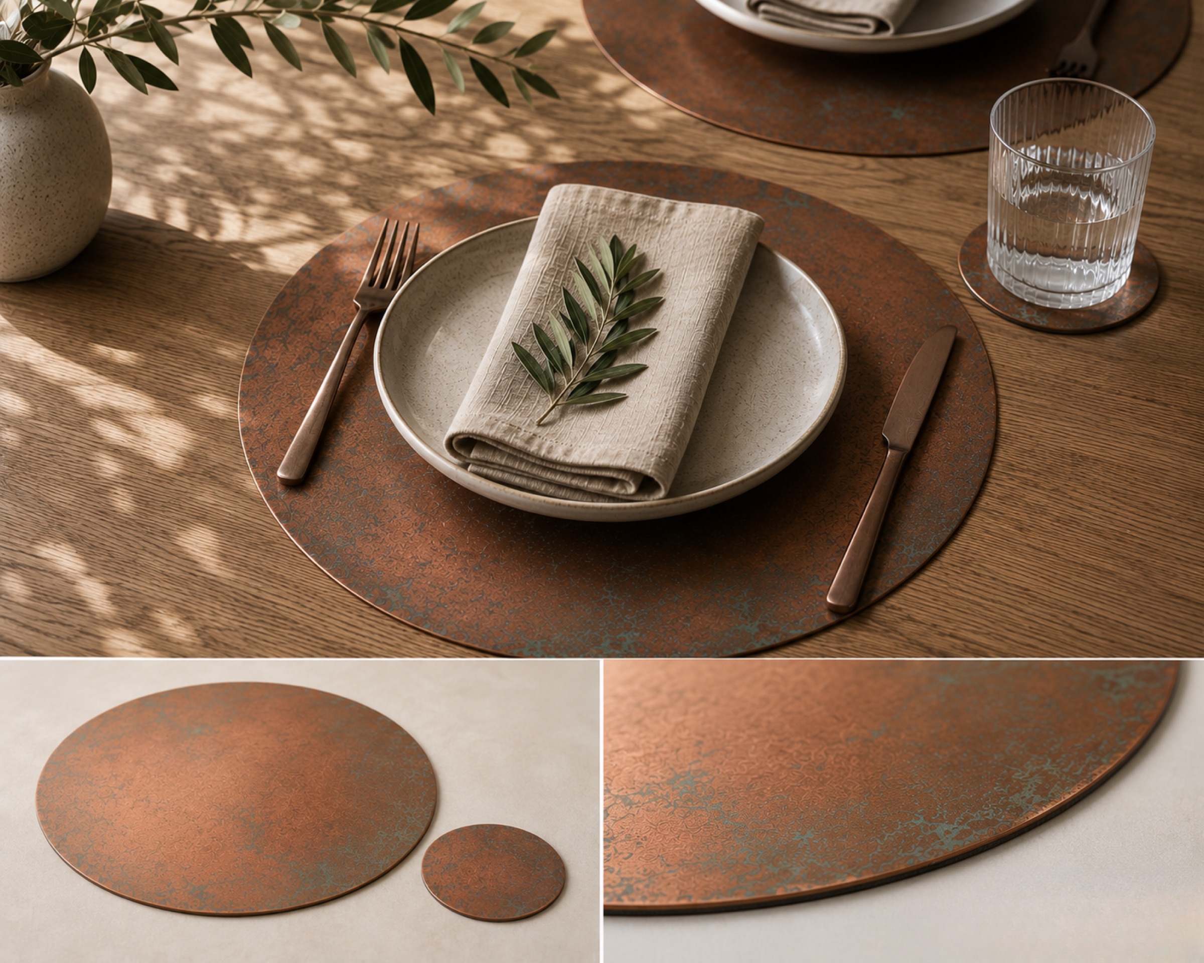 Aged copper round placemat table setting