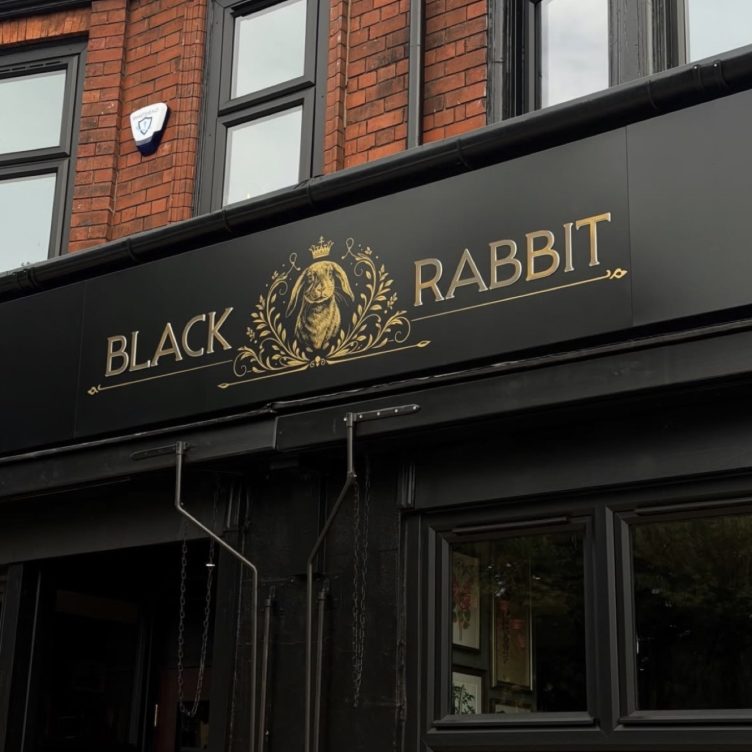 Black Rabbit gold metal pub signage
